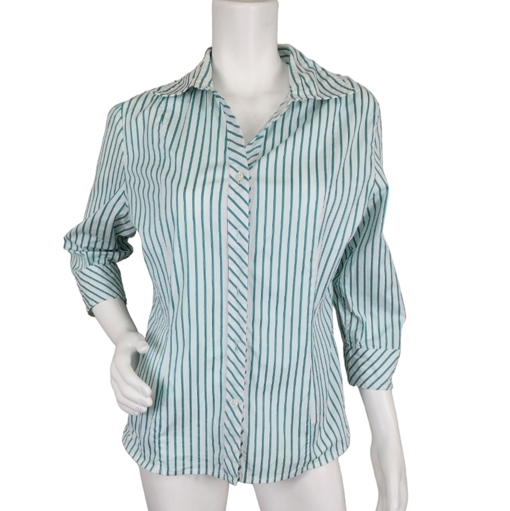Pendleton White Green Striped Half Sleeve Button Down Size 14